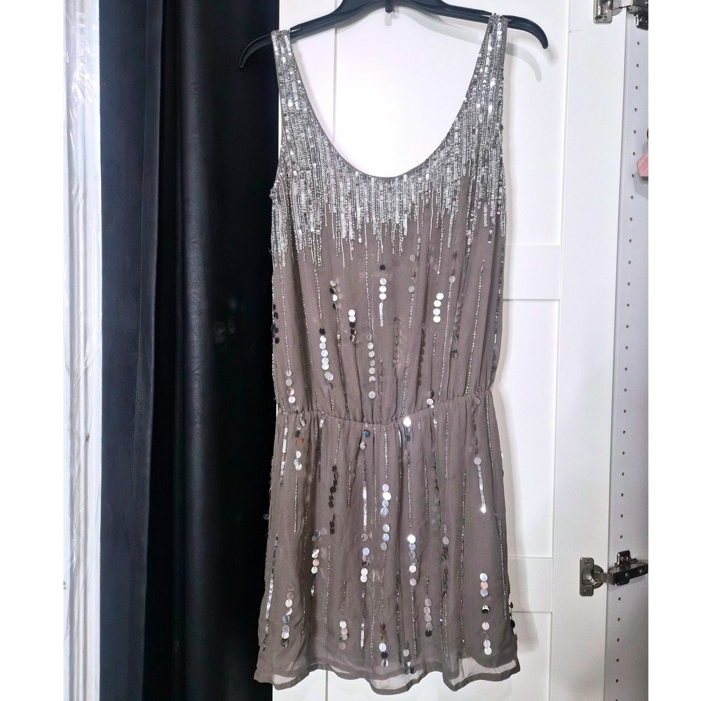 NWT Arden B Silk Sequin Waterfall Mini Dress Mushroom Taupe Silver Size Small